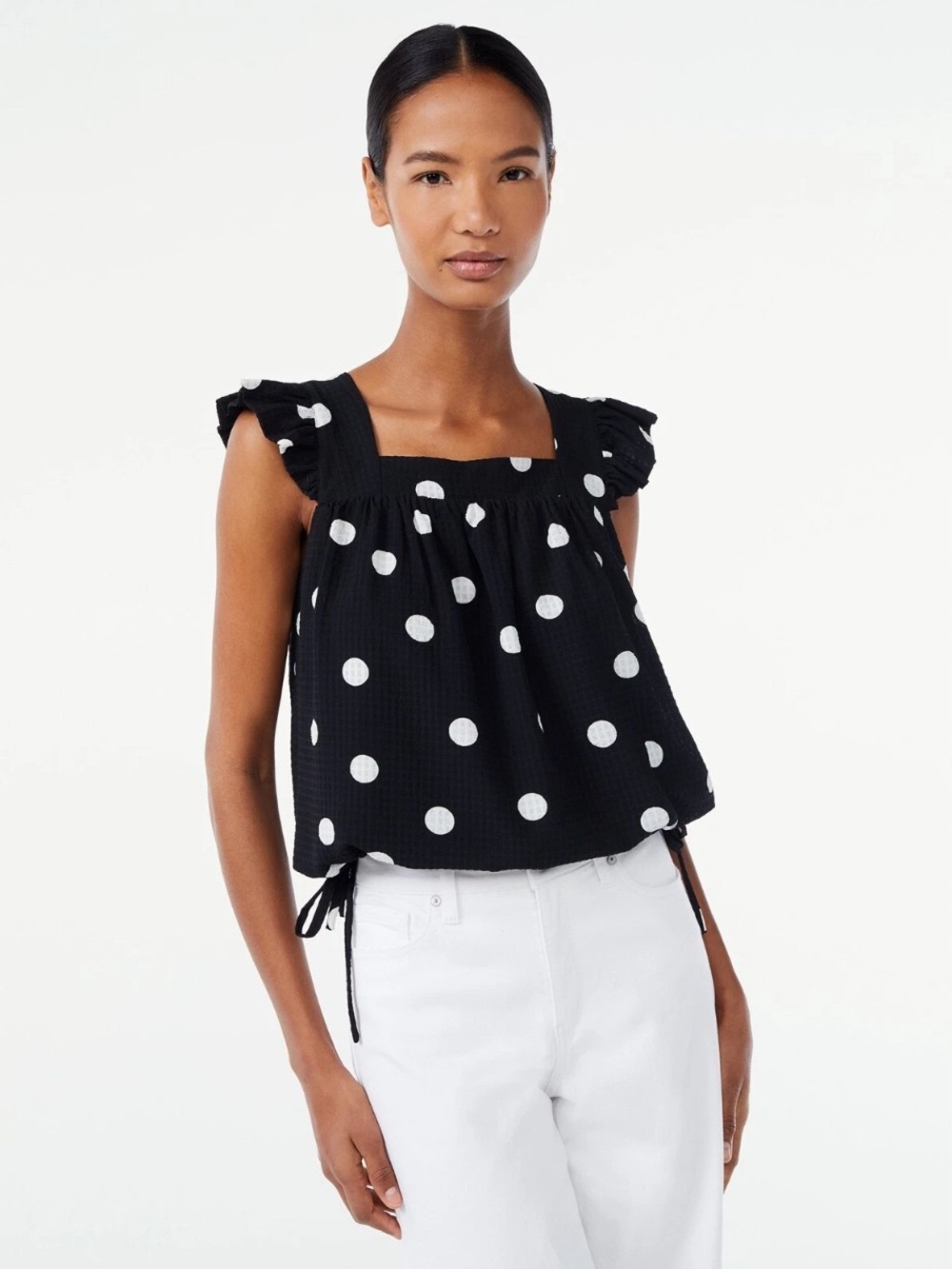 Scoop Women's Black Polka Flutter Sleeve Top Size Large